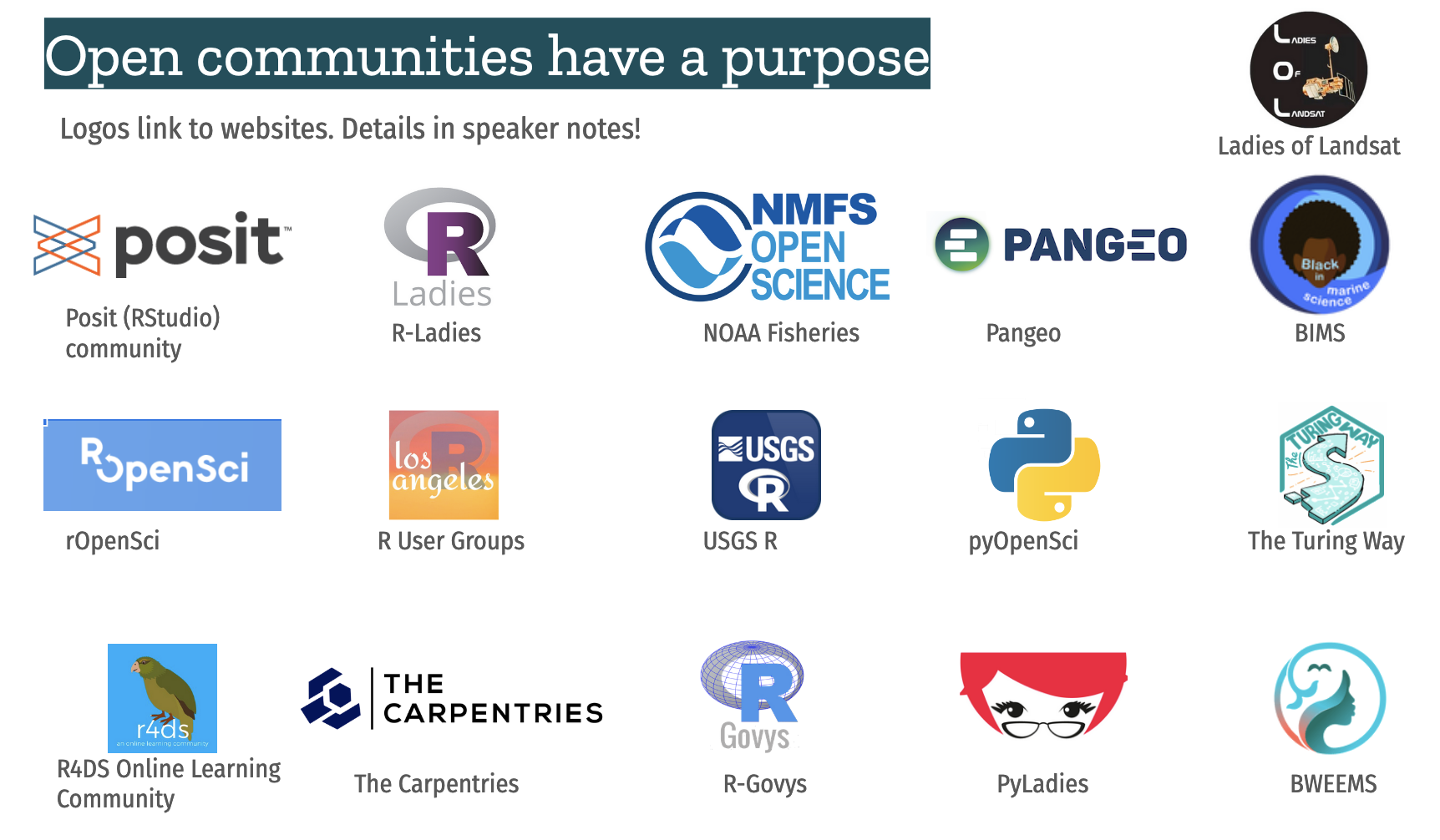 screenshot showing logos from some open communities including a purple R for RLadies, a green and white logo for Pangeo and a blue and black logo for Black in Marine Science