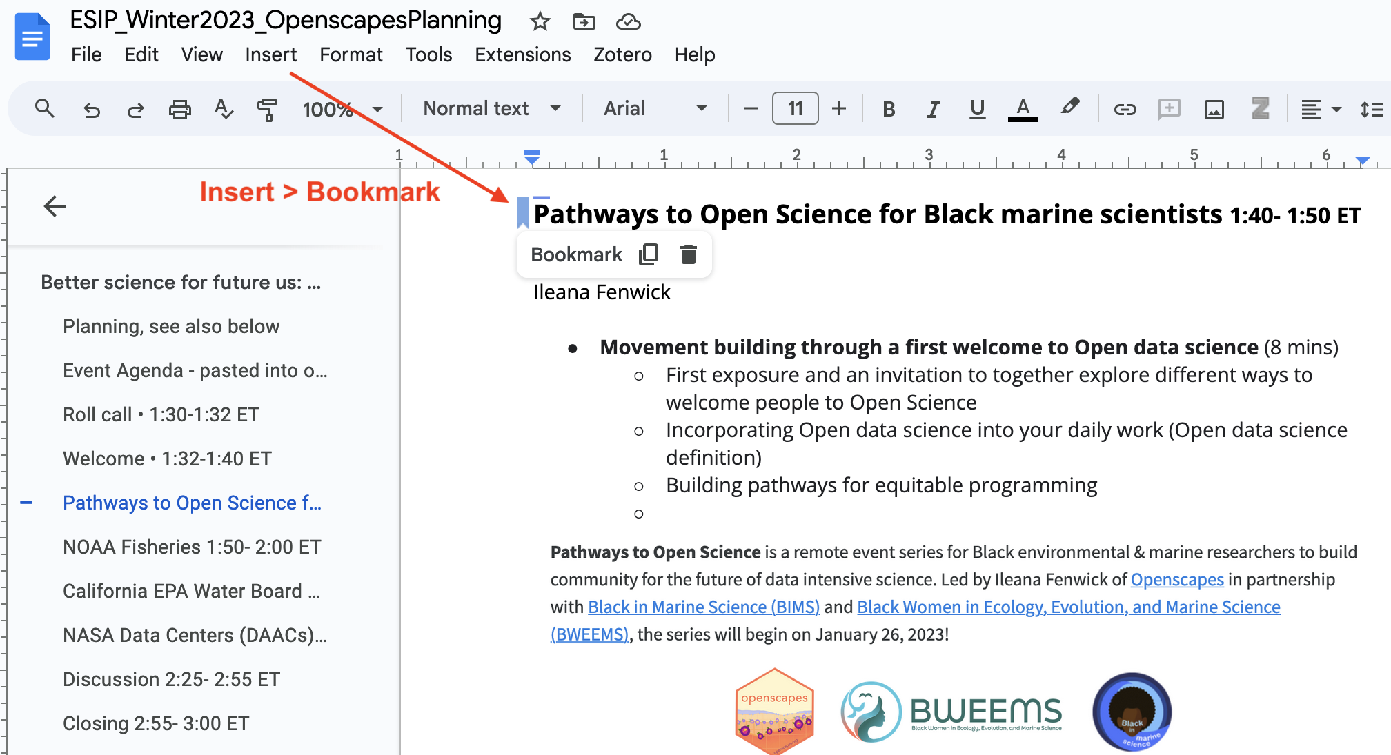 Screenshot of Google Doc with a Bookmark inserted with a red arrow pointing from the Insert nav bar item that says Insert > Bookmark