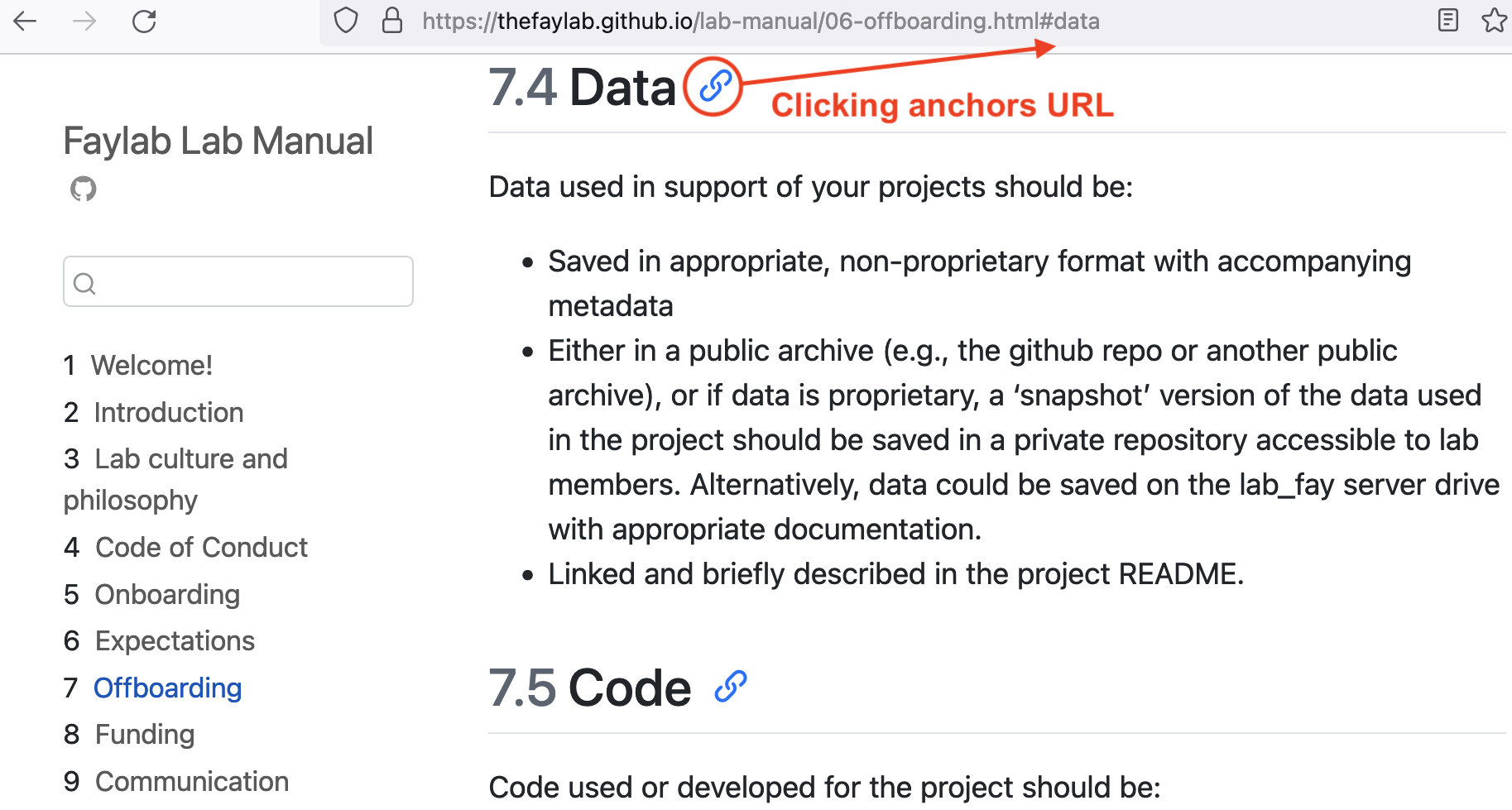 Screenshot of Quarto page with a Header anchored, indicated with a red circle and red arrow pointing to the url bar with text that says Clicking anchors URL