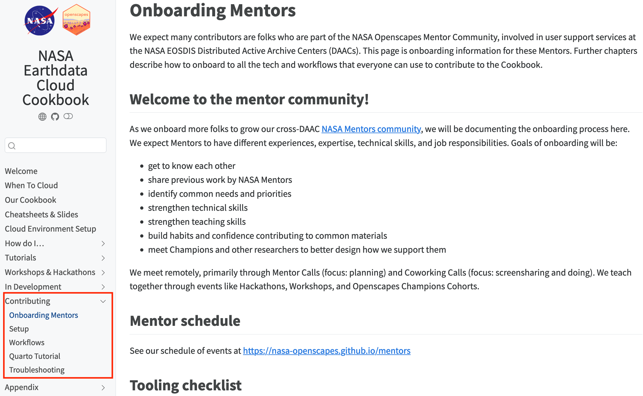 Screenshot of a quarto e-book called NASA Earthdata Cloud Cookbook with a red box around the left navigation bar section that says Contributing. The main page we see says Onboarding Mentors with subsections like Welcome to the mentor community! and Mentor schedule, tooling checklist