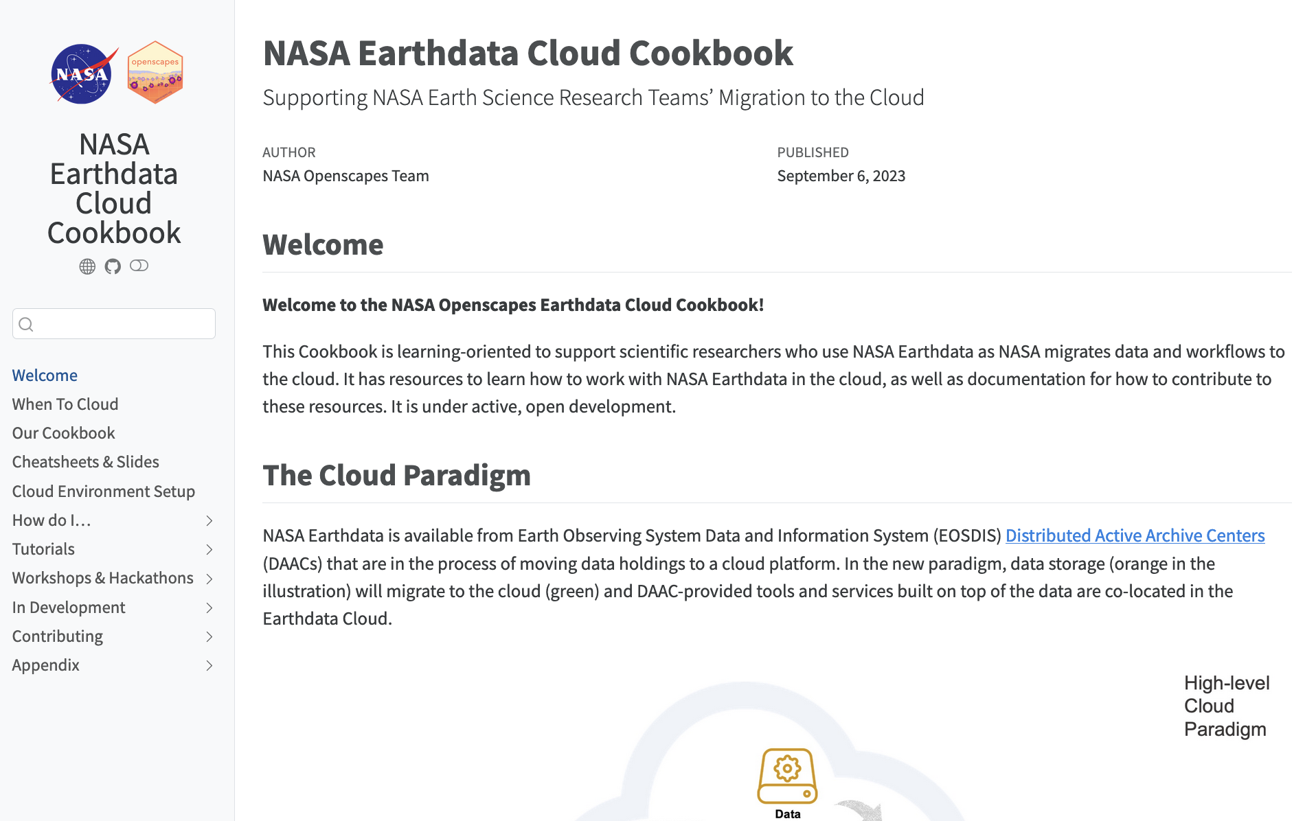 Screenshot of an e-book made with Quarto for the NASA Cloud Cookbook