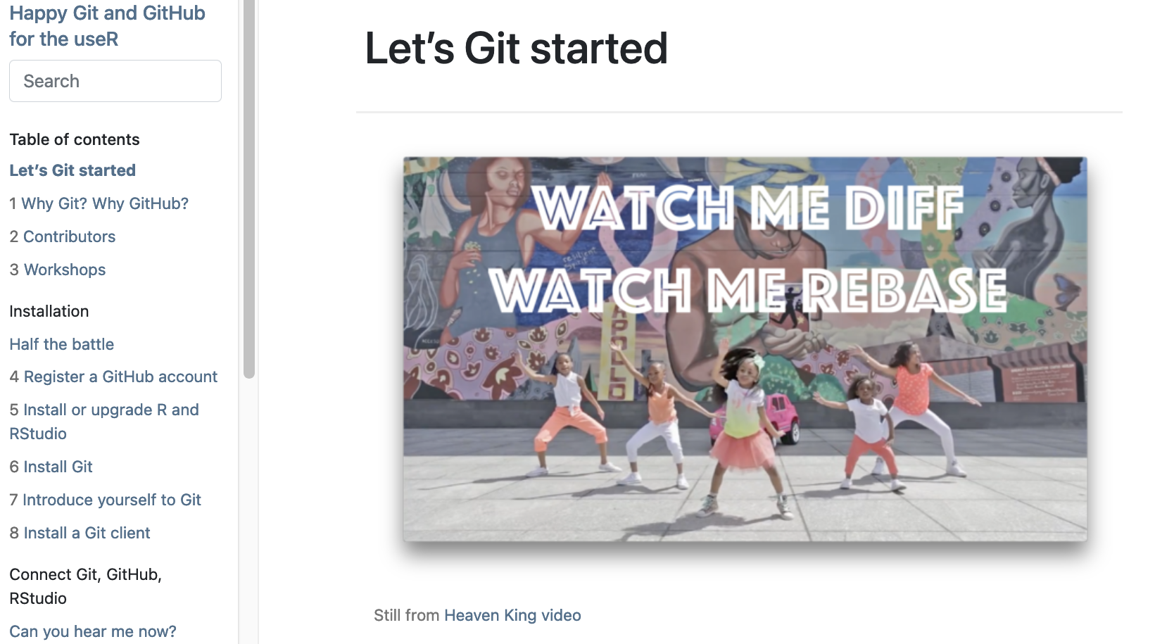Screenshot of Jenny Bryan's Happy Git With R book that has an image from the music video Whip that says Watch me Diff, Watch me Rebase