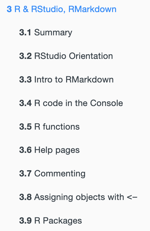 Screenshot of an e-book left navigation bar for R, RStudio, and RMarkdown, with subsections Summary, RStudio Orientation, Intro to RMarkdown, R code in the Console, R functions, Help pages, Commenting