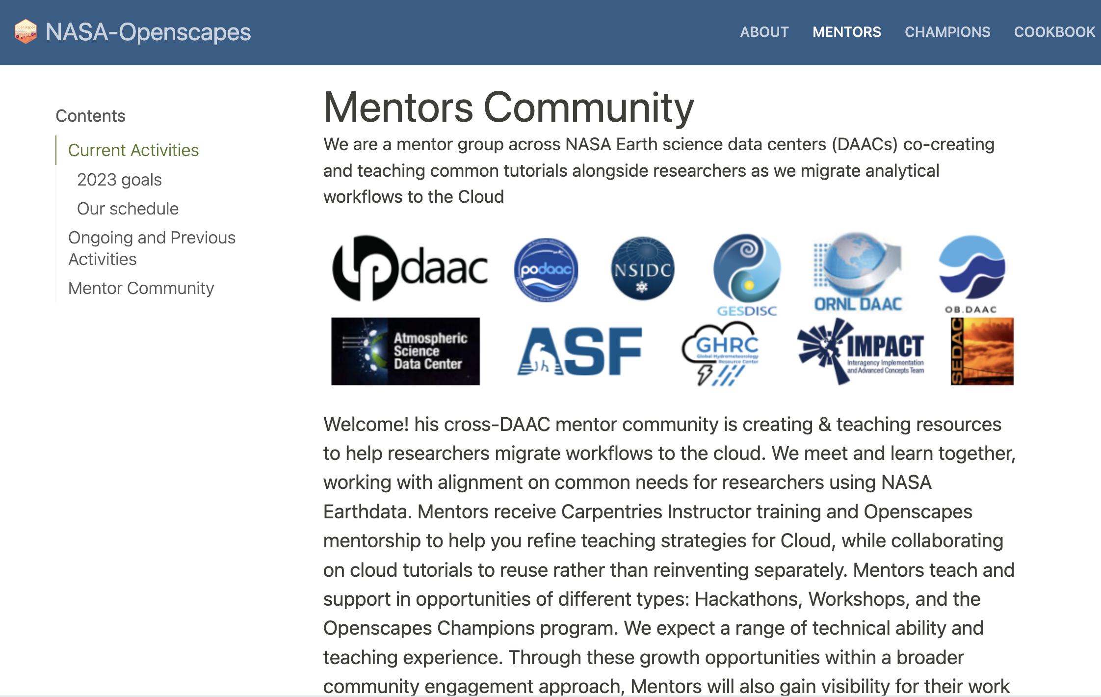 Screenshot of the project website for NASA Openscapes, with a blue navigation bar across the top and NASA and Openscapes logos in the center