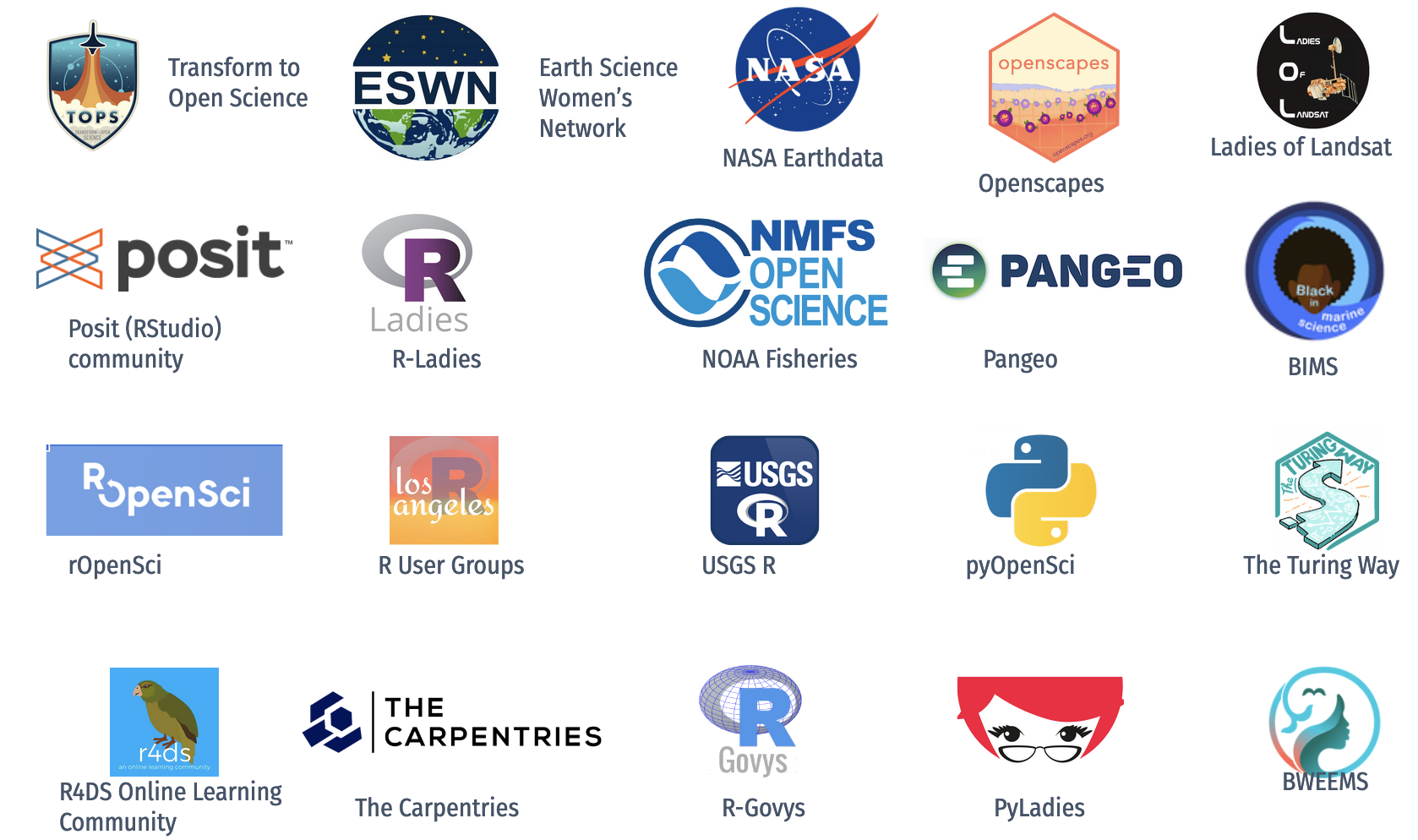 Screenshot of 20 logos from different open communities including Transfor to Open Science, Ladies of Landsat, Posit, rOpenSci, and The Turing Way