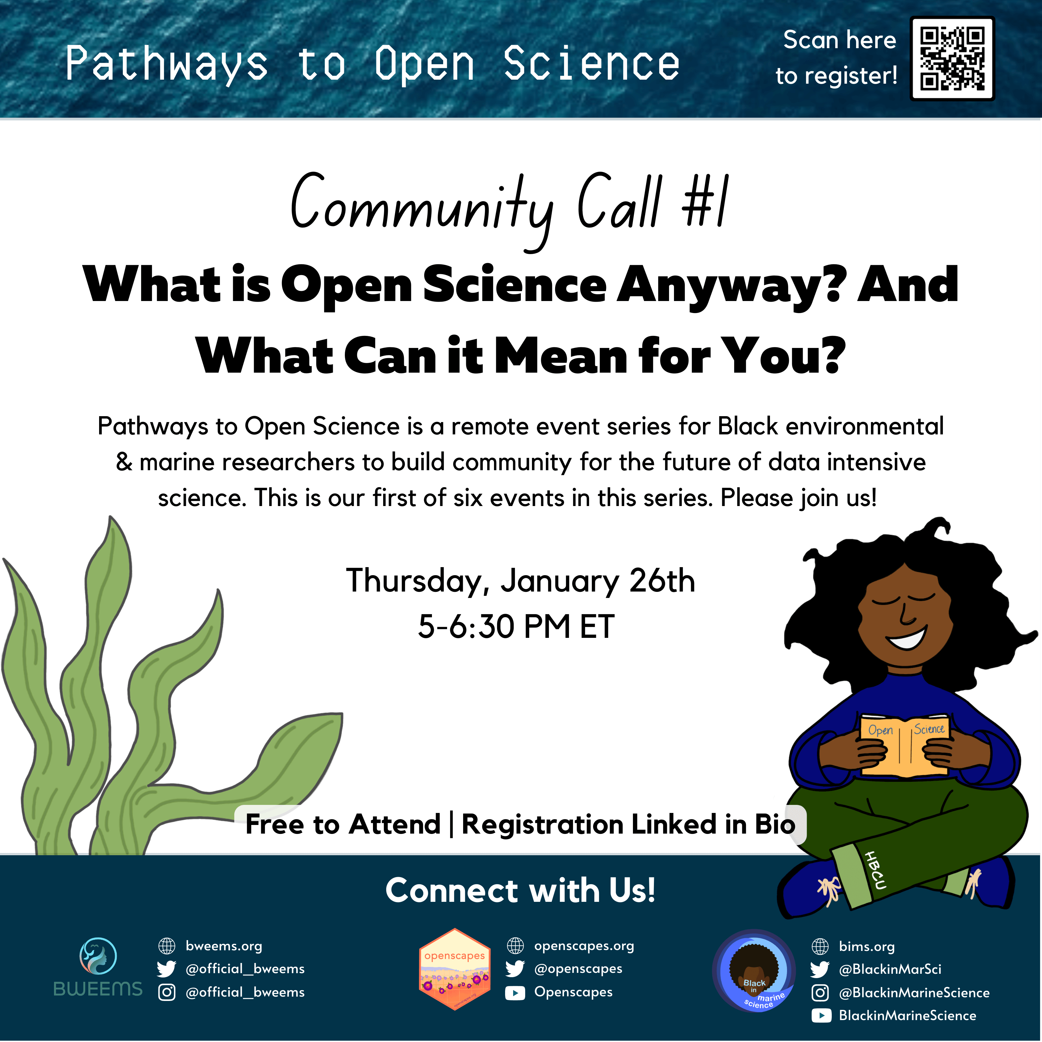 poster for Community Call #1 with cartoon of kelp on the left and a Black woman sitting cross-legged, smiling reading a book