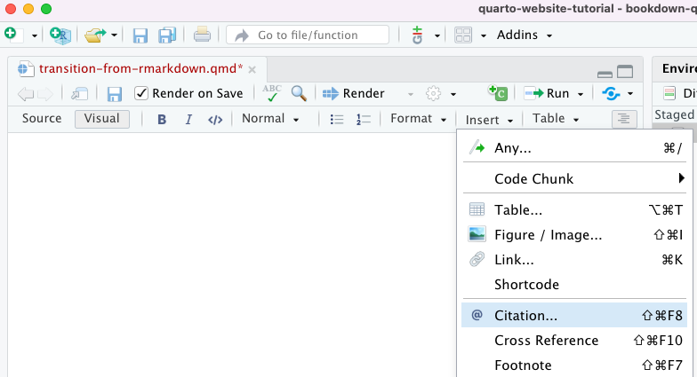 RStudio Visual Editor Insert dropdown menu with Citation highlighted