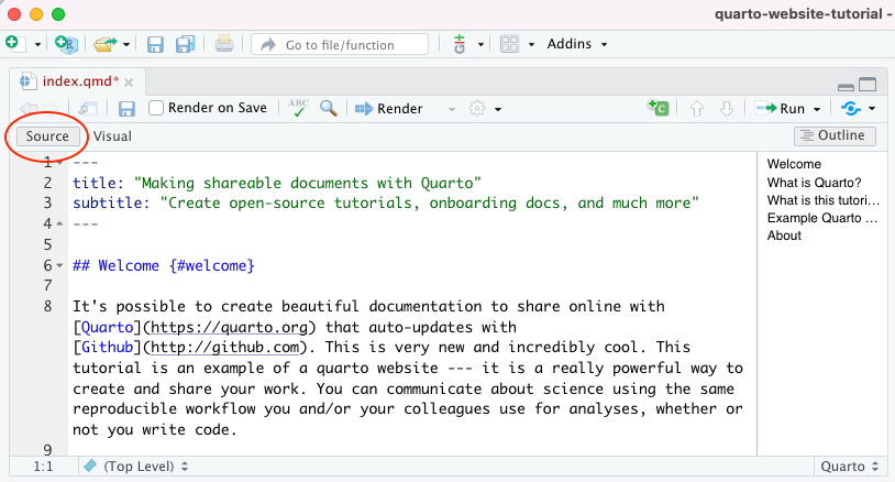 Screenshot of the RStudio IDE with red oval highlighting the Source button.