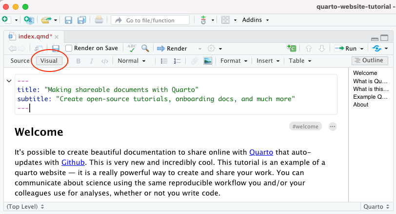Screenshot of the RStudio IDE with red oval highlighting the Visual button.