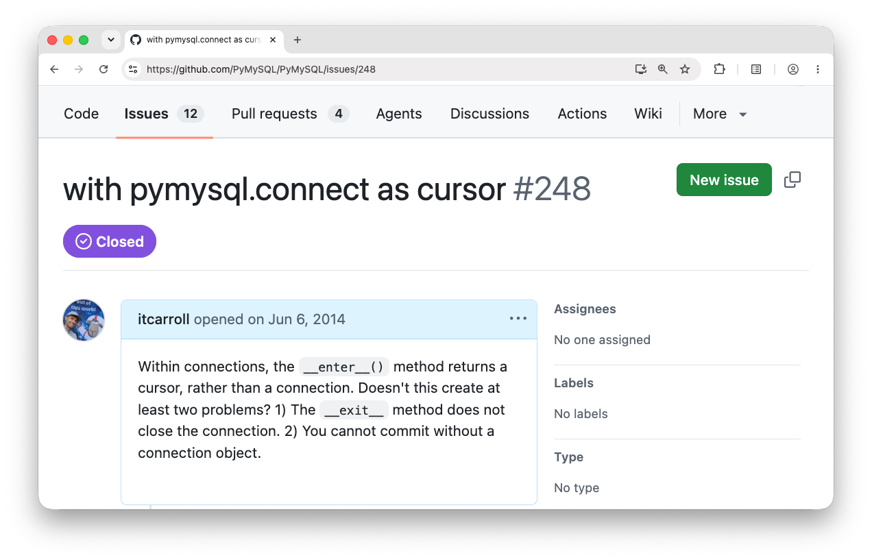 a screenshot of the speaker's first issue raised on GitHub