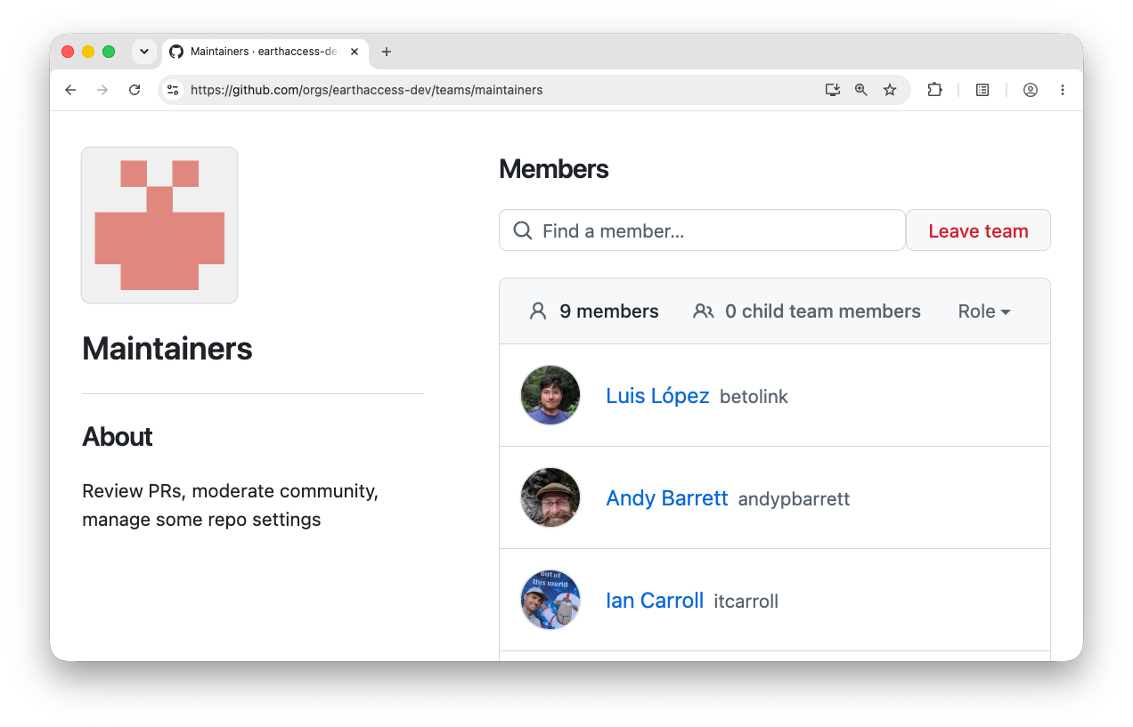 a screenshot of the speaker's maintainer status on earthaccess