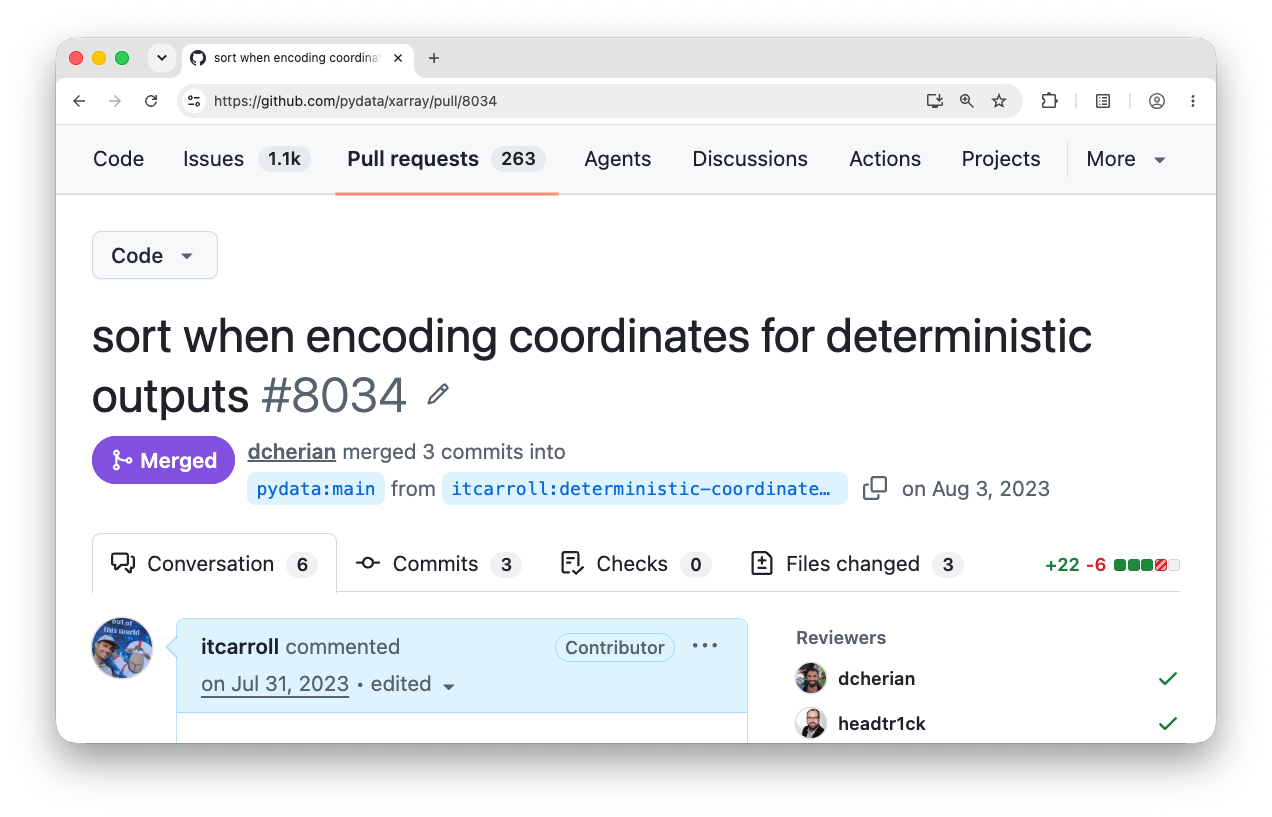 a screenshot of the speaker's first pull request to XArray