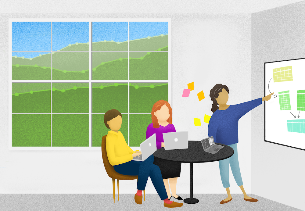 An illustration of three people, inside with laptops. One is standing, pointing to a wall where they have visualized data tables being joined. There are sticky notes on the wall. Outside the big window, the mountain ridges are lined with data points